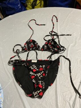Black Bikini Set with Red Heart Print 1081